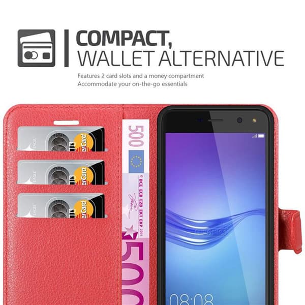 Huawei Y5 2017 / Y6 2017 Suojakotelo Lompakkokotelo Matkapuhelinkotelo Suojakuori jossa magneettisuljenta, jalusta-toiminto ja korttitasku