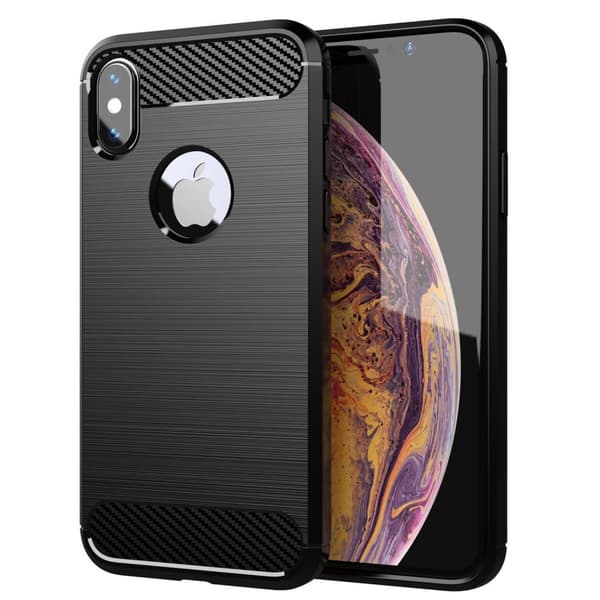 iPhone XS MAX Skal Fodral av flexibelt TPU-silikon i rostfritt stål-kolfiber-look Skyddsfodral BRUSHED SVART