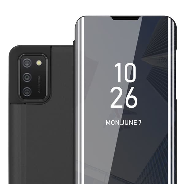 Samsung Galaxy A02s Skal Plånboksfodral Clear View Mirror Skyddsomslag med standfunktion 360 graders skydd TURMALIN SVART