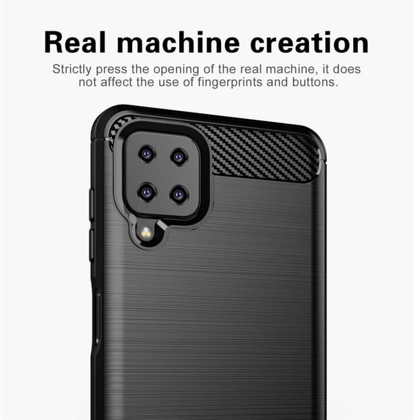 Samsung Galaxy A12 / M12 Suojakuori Suojakotelo joustavasta TPU-silikonista ruostumattoman teräksen ja hiilikuidun näköisenä