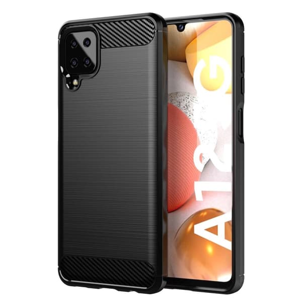Deksel til Samsung Galaxy A12 / M12 Beskyttelsesdeksel av fleksibelt TPU-silikon i rustfritt stål-karbonfiberutseende
