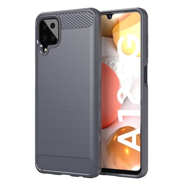 Deksel til Samsung Galaxy A12 / M12 Beskyttelsesdeksel av fleksibelt TPU-silikon i rustfritt stål-karbonfiberutseende BØRSTET GRÅ