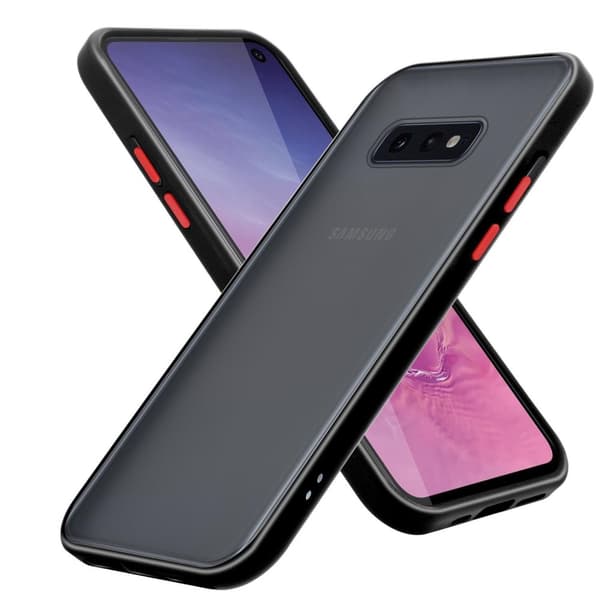 Deksel for Samsung Galaxy S10e med TPU-silikon på innsiden og matt plast på baksiden Matt svart - røde knapper