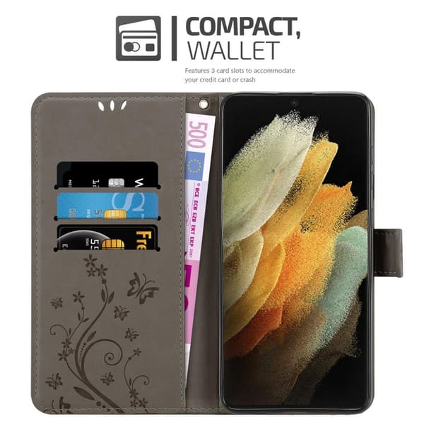 Deksel til Samsung Galaxy S21 ULTRA Lommebokdeksel i blomster design med magnetisk lukking, stativfunksjon og kortplasser