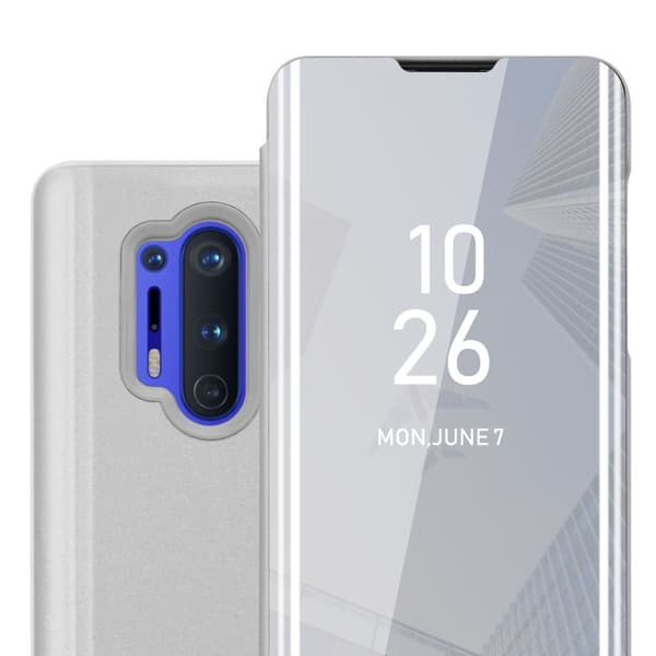 OnePlus 8 PRO Skal Plånboksfodral Clear View Mirror Skyddsomslag med standfunktion 360 graders skydd AGAT SILVER