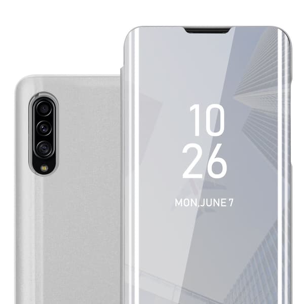 Samsung Galaxy A90 5G Skal Plånboksfodral Clear View Mirror Skyddsomslag med standfunktion 360 graders skydd AGAT SILVER