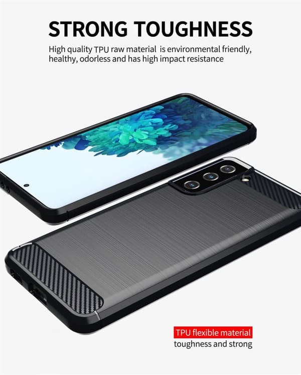 Samsung Galaxy S21 FE Suojakuori Suojakotelo joustavasta TPU-silikonista ruostumattoman teräksen ja hiilikuidun näköisenä