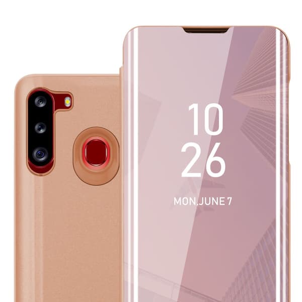 Samsung Galaxy A21 Skal Plånboksfodral Clear View Mirror Skyddsomslag med standfunktion 360 graders skydd KUNZITE ROSA