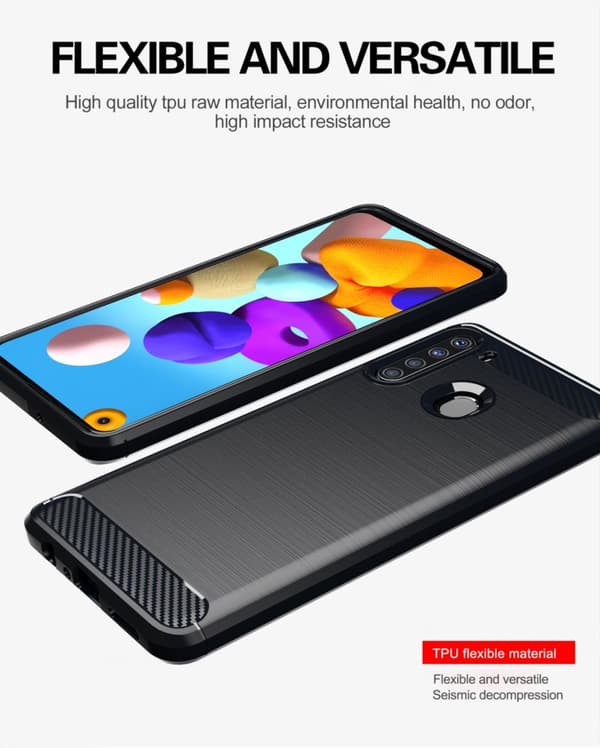 Deksel til Samsung Galaxy A21 Beskyttelsesdeksel av fleksibelt TPU-silikon i rustfritt stål-karbonfiberutseende