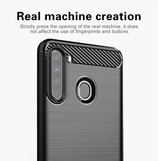 Samsung Galaxy A21 Skal Fodral av flexibelt TPU-silikon i rostfritt stål-kolfiber-look Skyddsfodral