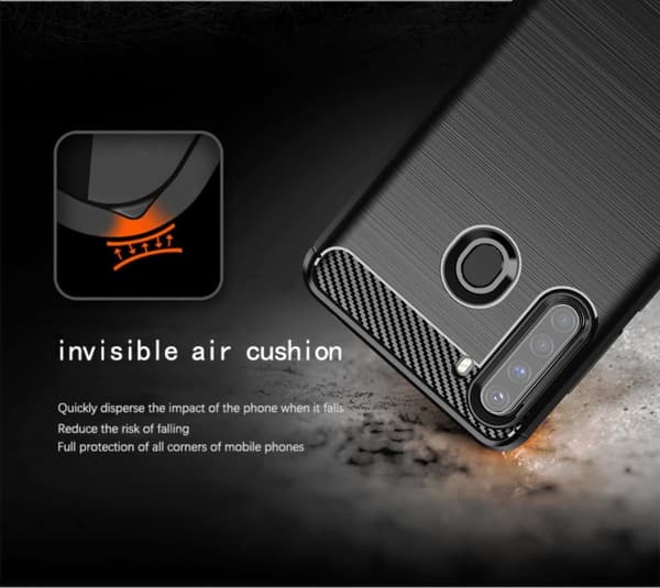 Samsung Galaxy A21 Skal Fodral av flexibelt TPU-silikon i rostfritt stål-kolfiber-look Skyddsfodral