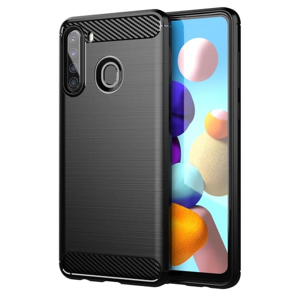 Samsung Galaxy A21 Skal Fodral av flexibelt TPU-silikon i rostfritt stål-kolfiber-look Skyddsfodral