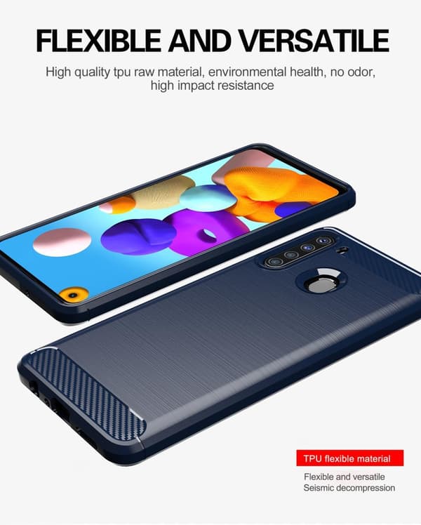 Deksel til Samsung Galaxy A21 Beskyttelsesdeksel av fleksibelt TPU-silikon i rustfritt stål-karbonfiberutseende