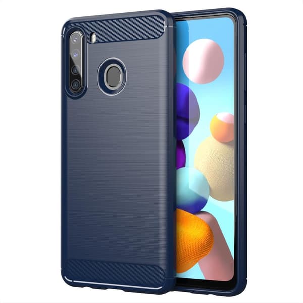 Deksel til Samsung Galaxy A21 Beskyttelsesdeksel av fleksibelt TPU-silikon i rustfritt stål-karbonfiberutseende BØRSTET BLÅT