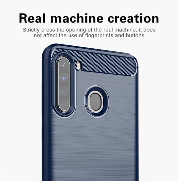 Samsung Galaxy A21 Skal Fodral av flexibelt TPU-silikon i rostfritt stål-kolfiber-look Skyddsfodral