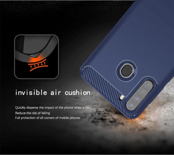 Samsung Galaxy A21 Skal Fodral av flexibelt TPU-silikon i rostfritt stål-kolfiber-look Skyddsfodral