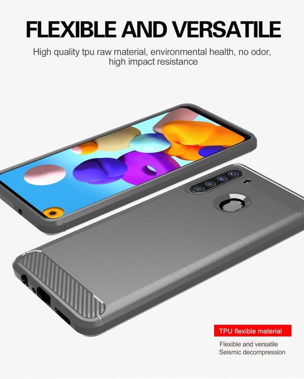 Deksel til Samsung Galaxy A21 Beskyttelsesdeksel av fleksibelt TPU-silikon i rustfritt stål-karbonfiberutseende