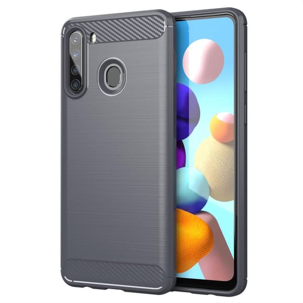 Deksel til Samsung Galaxy A21 Beskyttelsesdeksel av fleksibelt TPU-silikon i rustfritt stål-karbonfiberutseende