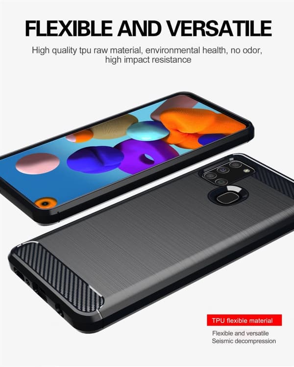 Deksel til Samsung Galaxy A21s Beskyttelsesdeksel av fleksibelt TPU-silikon i rustfritt stål-karbonfiberutseende