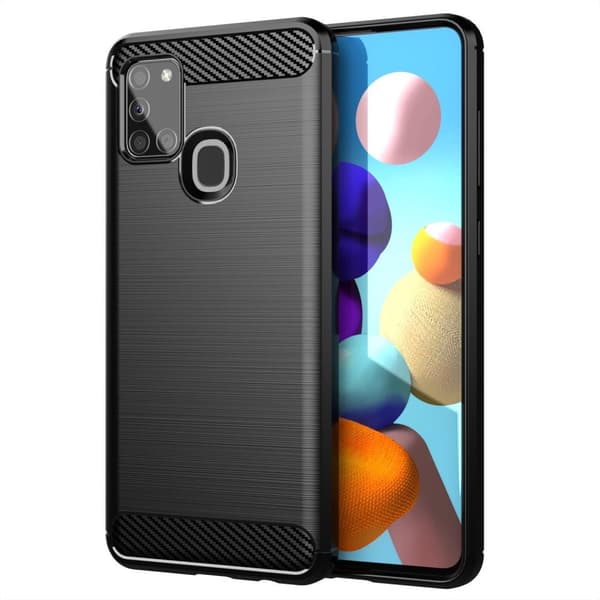 Deksel til Samsung Galaxy A21s Beskyttelsesdeksel av fleksibelt TPU-silikon i rustfritt stål-karbonfiberutseende