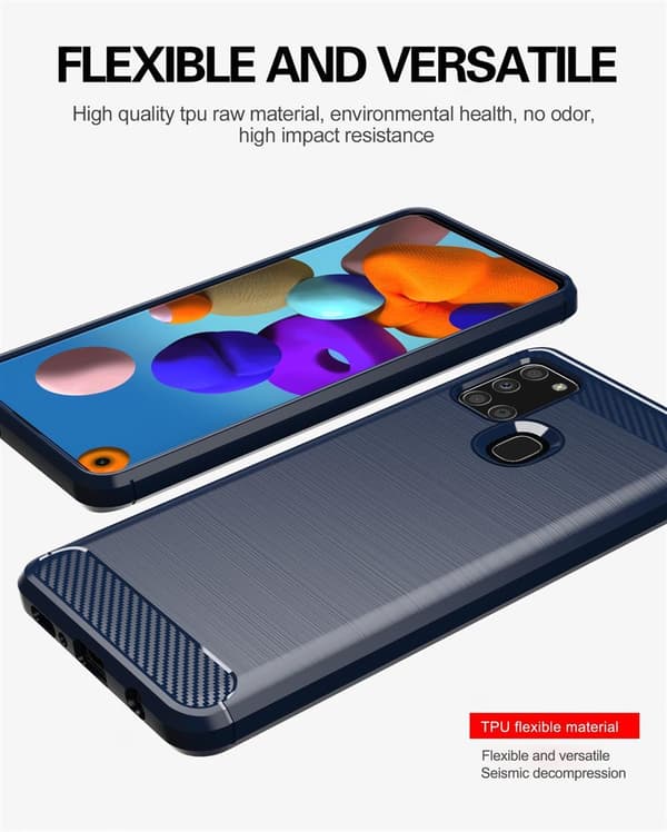 Deksel til Samsung Galaxy A21s Beskyttelsesdeksel av fleksibelt TPU-silikon i rustfritt stål-karbonfiberutseende