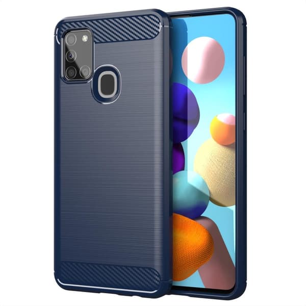 Deksel til Samsung Galaxy A21s Beskyttelsesdeksel av fleksibelt TPU-silikon i rustfritt stål-karbonfiberutseende