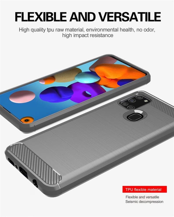 Deksel til Samsung Galaxy A21s Beskyttelsesdeksel av fleksibelt TPU-silikon i rustfritt stål-karbonfiberutseende