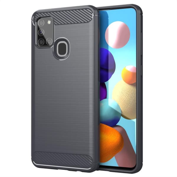 Deksel til Samsung Galaxy A21s Beskyttelsesdeksel av fleksibelt TPU-silikon i rustfritt stål-karbonfiberutseende