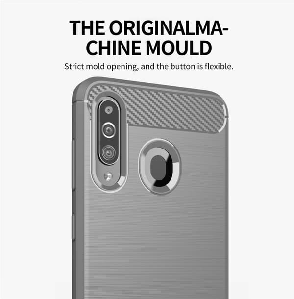 Deksel til Samsung Galaxy A20s Beskyttelsesdeksel av fleksibelt TPU-silikon i rustfritt stål-karbonfiberutseende