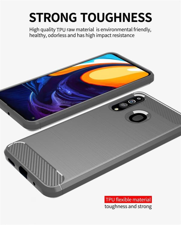 Deksel til Samsung Galaxy A20s Beskyttelsesdeksel av fleksibelt TPU-silikon i rustfritt stål-karbonfiberutseende
