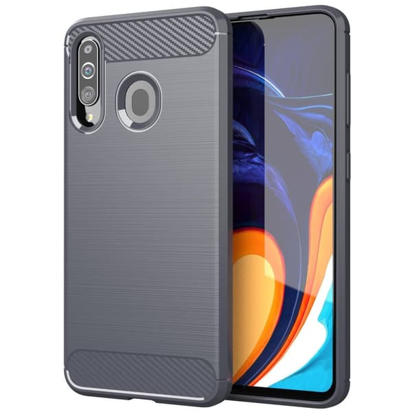 Deksel til Samsung Galaxy A20s Beskyttelsesdeksel av fleksibelt TPU-silikon i rustfritt stål-karbonfiberutseende