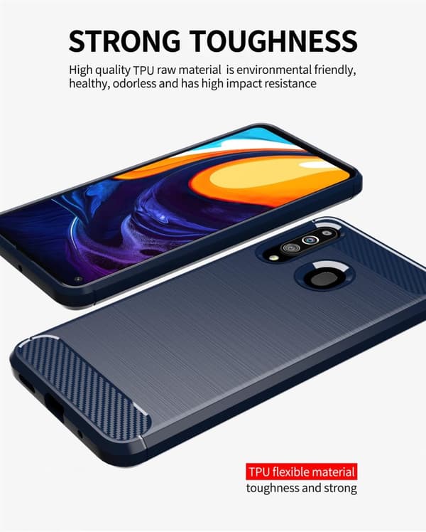 Deksel til Samsung Galaxy A20s Beskyttelsesdeksel av fleksibelt TPU-silikon i rustfritt stål-karbonfiberutseende