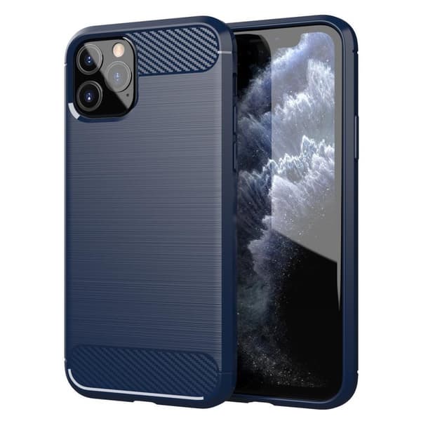 Deksel til iPhone 11 PRO MAX Beskyttelsesdeksel av fleksibelt TPU-silikon i rustfritt stål-karbonfiberutseende BØRSTET BLÅT