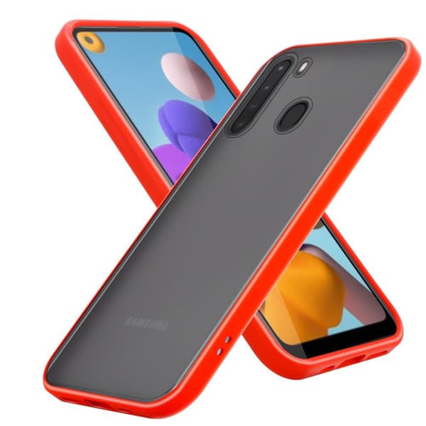 Samsung Galaxy A21 Suojakuori Suojakotelo Hybrid jossa on TPU-silikoni sisäpuolella ja matta muovinen takapuoli Matt Red - mustat avaimet