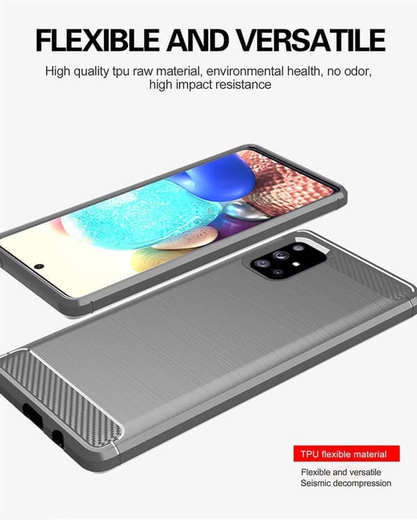 Samsung Galaxy A71 4G Suojakuori Suojakotelo joustavasta TPU-silikonista ruostumattoman teräksen ja hiilikuidun näköisenä