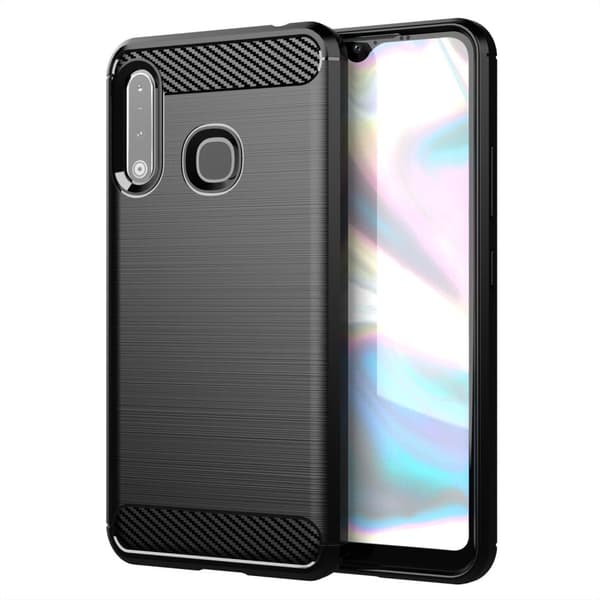 Samsung Galaxy A70e Skal Fodral av flexibelt TPU-silikon i rostfritt stål-kolfiber-look Skyddsfodral
