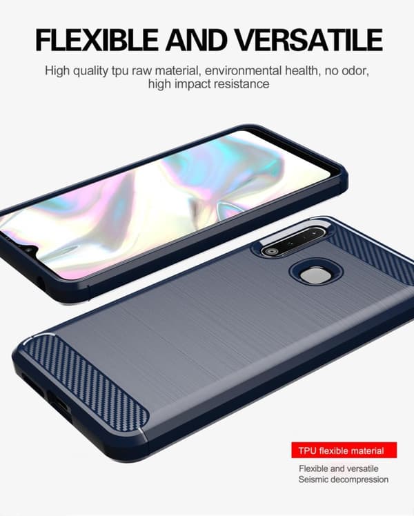 Deksel til Samsung Galaxy A70e Beskyttelsesdeksel av fleksibelt TPU-silikon i rustfritt stål-karbonfiberutseende
