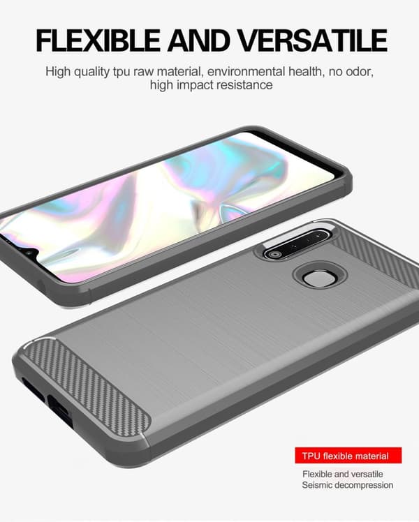 Deksel til Samsung Galaxy A70e Beskyttelsesdeksel av fleksibelt TPU-silikon i rustfritt stål-karbonfiberutseende
