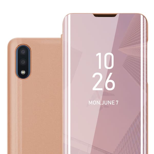 Samsung Galaxy A01 Skal Plånboksfodral Clear View Mirror Skyddsomslag med standfunktion 360 graders skydd KUNZITE ROSA