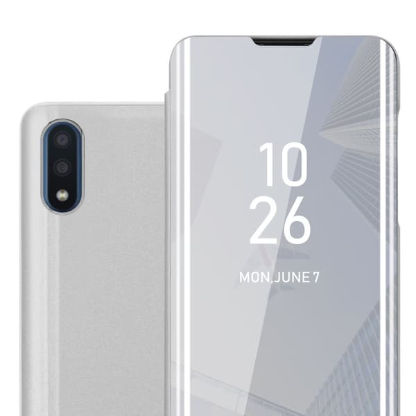 Samsung Galaxy A01 Lompakkokotelo Matkapuhelinkotelo Suojakuori Clear View Mirror Suojakotelo jalusta toiminto 360 asteen suojaus AKAATTIA HOPEAA