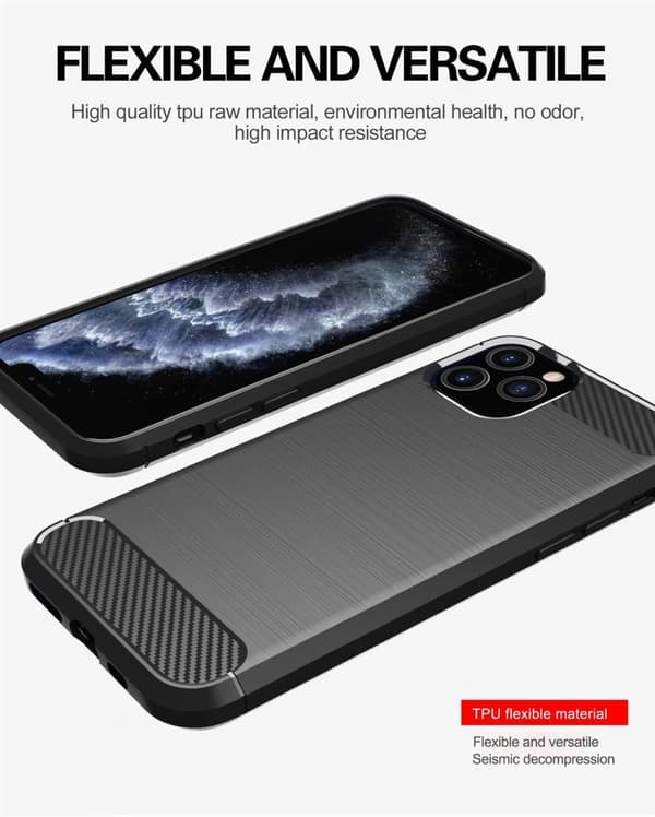 Apple iPhone 11 PRO Suojakuori Suojakotelo joustavasta TPU-silikonista ruostumattoman teräksen ja hiilikuidun näköisenä