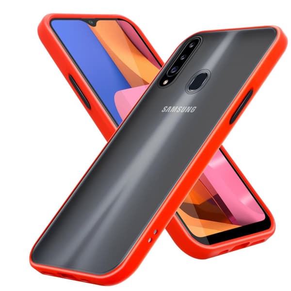 Deksel for Samsung Galaxy A20s med TPU-silikon på innsiden og matt plast på baksiden Matt rød - svarte knapper