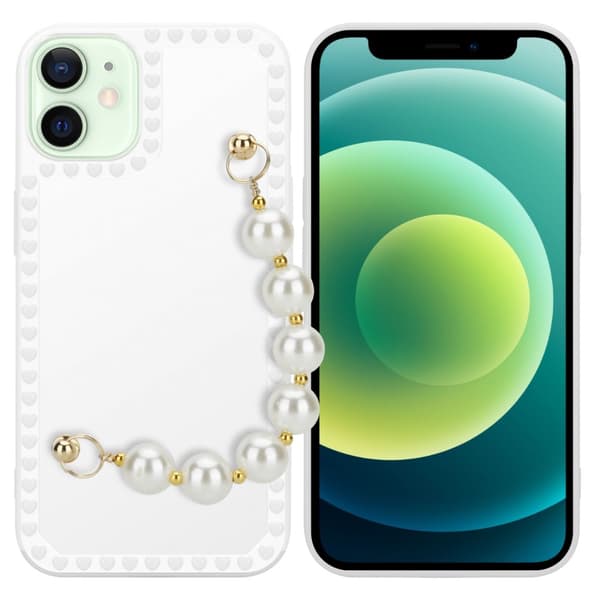 Skyddsfodral för iPhone 12 MINI Fodral Skal av flexibelt TPU-silikon med kedja för handleden Mobilskydd Vit med pärlor