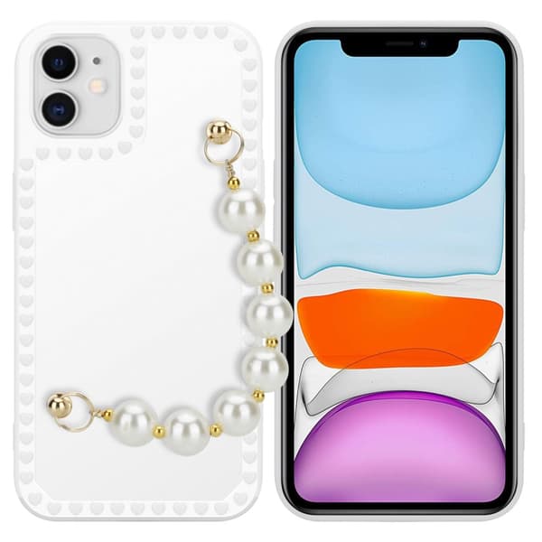 Skyddsfodral för iPhone 11 Fodral Skal av flexibelt TPU-silikon med kedja för handleden Mobilskydd Vit med pärlor