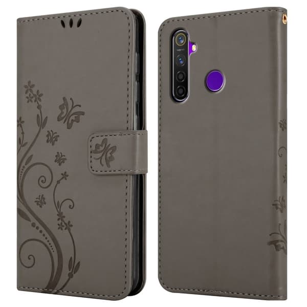 Deksel til Realme 5 / 5i / 6i / C3 Lommebokdeksel i blomster design med magnetisk lukking, stativfunksjon og kortplasser