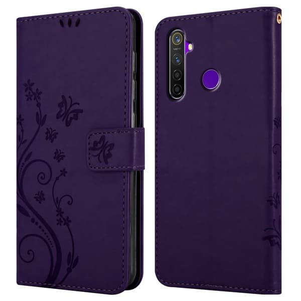 Deksel til Realme 5 / 5i / 6i / C3 Lommebokdeksel i blomster design med magnetisk lukking, stativfunksjon og kortplasser