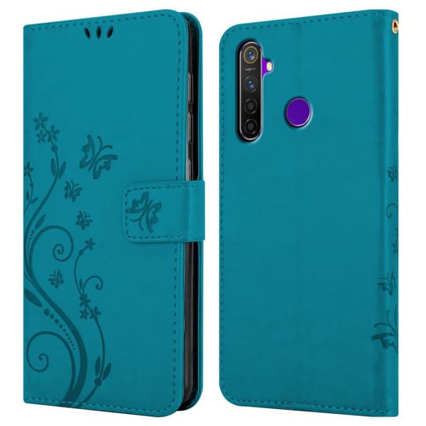 Deksel til Realme 5 / 5i / 6i / C3 Lommebokdeksel i blomster design med magnetisk lukking, stativfunksjon og kortplasser