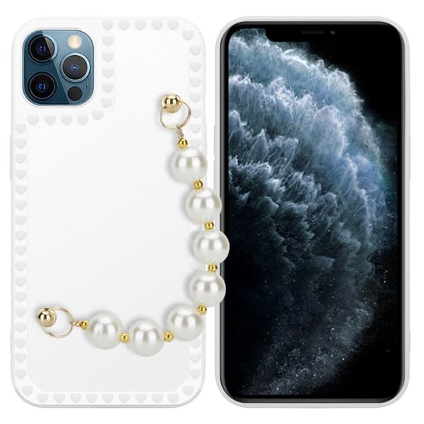 Deksel til iPhone 12 PRO MAX Silikondeksel med håndleddslenke Hvit med perler