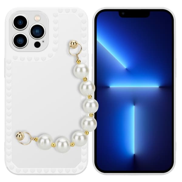 iPhone 13 PRO MAX Suojakuori Suojakotelo Joustavasta TPU-silikonista valmistettu suojakuori jossa on ranneketju Valkoinen helmillä
