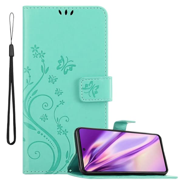 Deksel til Samsung Galaxy M53 5G Lommebokdeksel i blomster design med magnetisk lukking, stativfunksjon og kortplasser BLOMSTER TURKIS